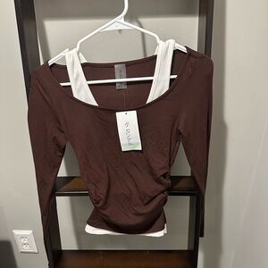 Altar'd State Chocolate Brown Scoop Neck Long Sleeve Top with White Tank Layer